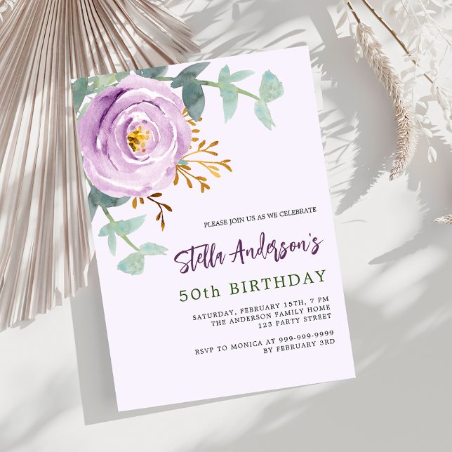 Lilac purple rose floral greenery luxury birthday invitation (Creator Uploaded)