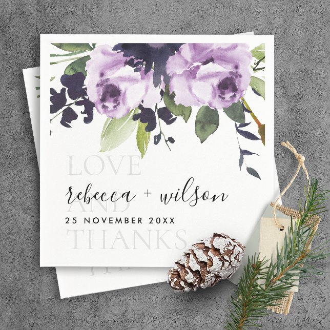 LILAC PURPLE ROSE FLORAL LOVE AND THANKS WEDDING NAPKIN (Creator Uploaded)