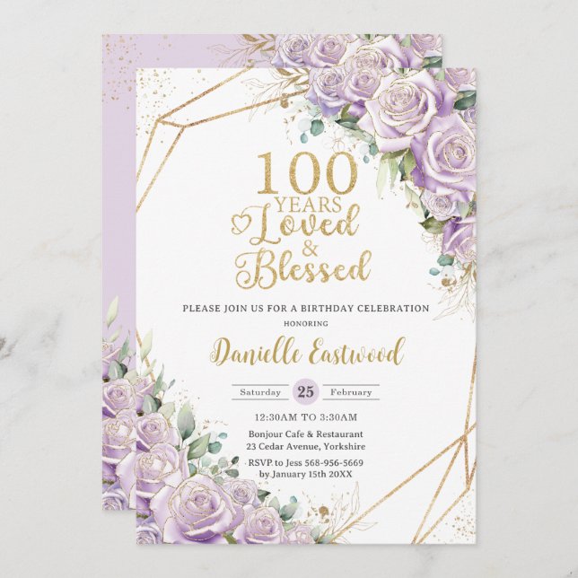 Lilac Purple Roses Floral 100th Birthday Loved Invitation (Front/Back)
