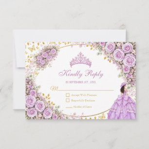 Lilac Purple Roses Golden Butterfly Quinceañera RSVP Card