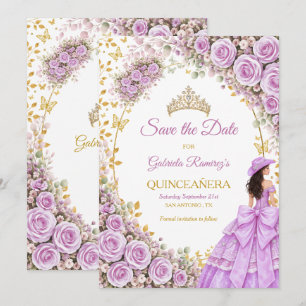 Lilac Purple Roses Golden Butterfly Quinceañera Save The Date