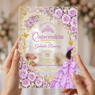 Lilac Purple Roses Golden Western Quinceañera Acrylic Invitations
