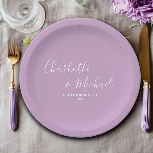 Lilac Purple Script Minimalist Wedding Paper Plate (Creator Uploaded)