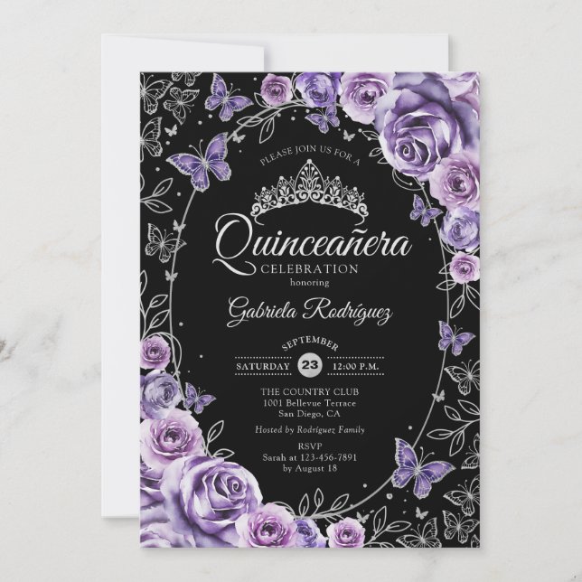 Lilac Purple Silver Black Quinceanera Invitation (Front)
