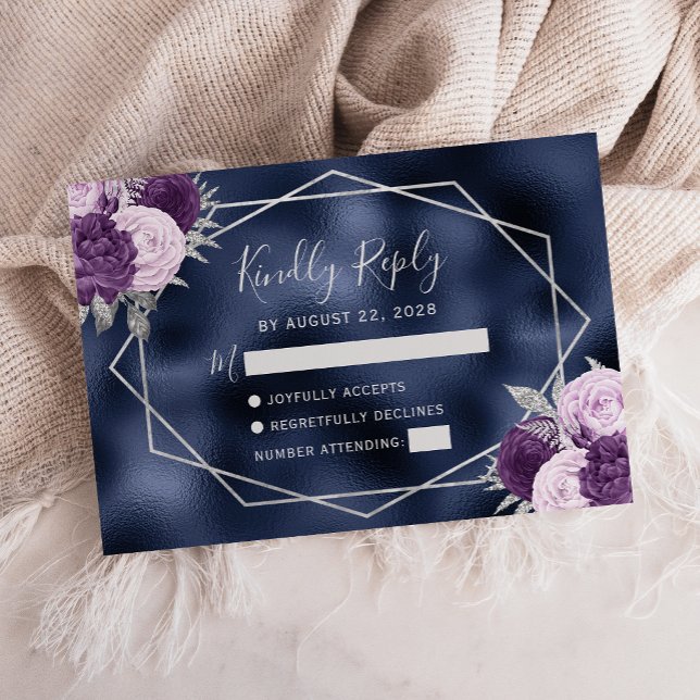 Lilac Purple Silver Floral Geometric Navy Foil RSVP Card (Creator Uploaded)