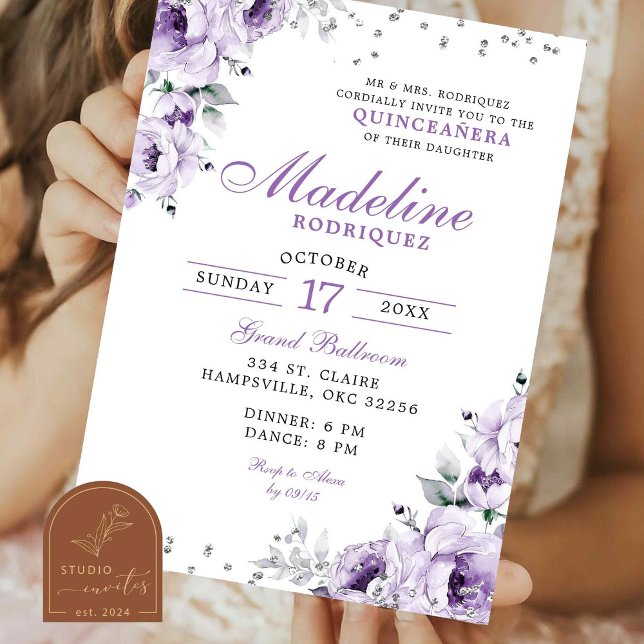 Lilac Purple Silver Floral Quinceanera Invitation (Creator Uploaded)