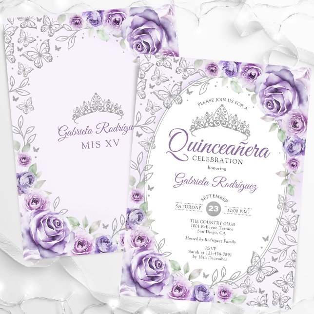 Lilac Purple Silver Floral Quinceanera Invitation (Creator Uploaded)