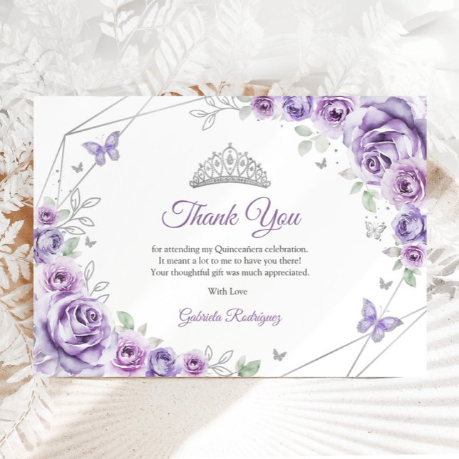 Lilac Purple Silver Floral Quinceanera Thank You Card (Creator Uploaded)