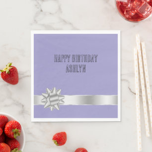Lilac Purple Silver Glam Ribbon Bow Birthday Napkin