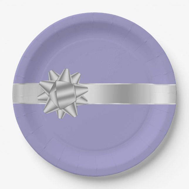 Lilac Purple Silver Glam Ribbon Bow Birthday Paper Plate (Front)