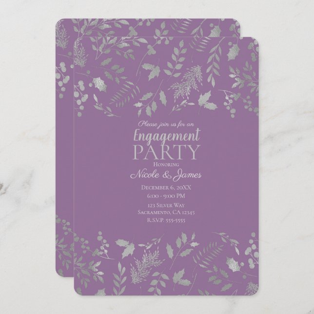 Lilac Purple Silver Leaves Botanical Engagement Invitation (Front/Back)
