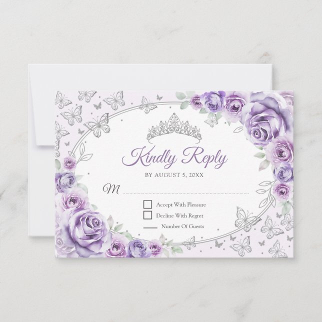 Lilac Purple Silver Quinceanera Reply RSVP Card (Front)