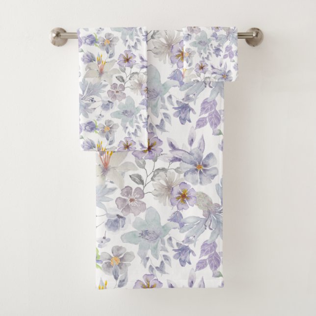 Lilac Purple Soft Green Floral Iris Flowers  Bath Towel Set (Insitu)