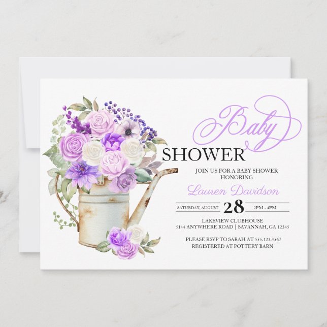 Lilac Purple Spring Potted Flowers Baby Shower Invitation (Front)