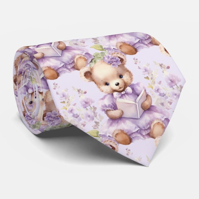 Lilac Purple Teddy Bear Neck Tie (Rolled)