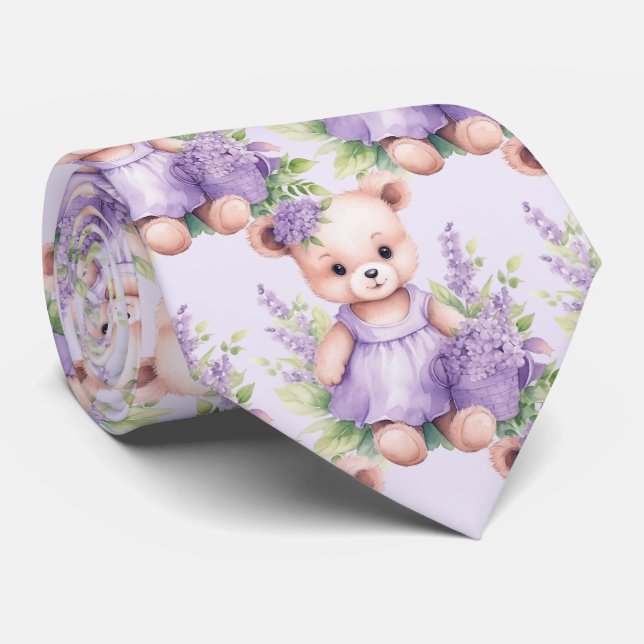 Lilac Purple Teddy Bear Neck Tie (Rolled)