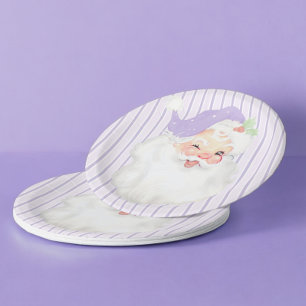 Lilac Purple Vintage Winking Santa Christmas Party Paper Plate