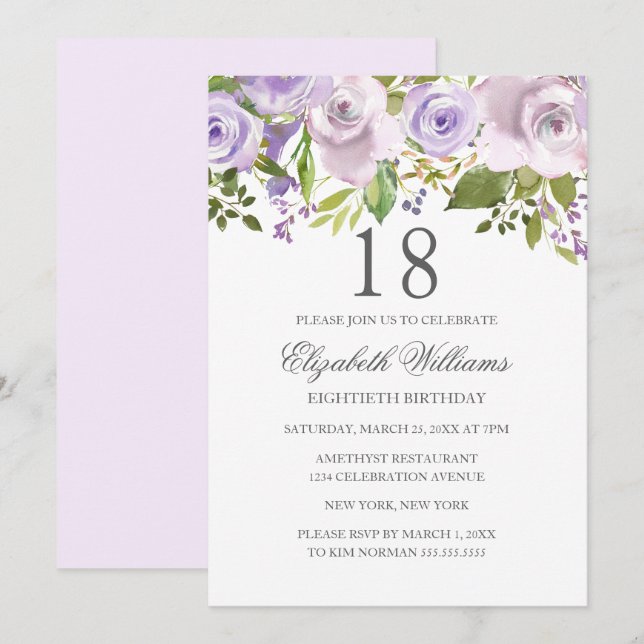 Lilac Purple Watercolor Floral 18th Birthday Invitation (Front/Back)