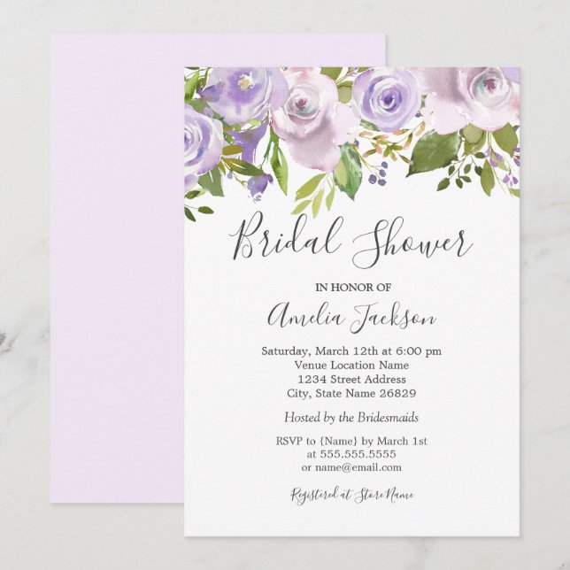 Lilac Purple Watercolor Floral Bridal Shower Invitation (Front/Back)