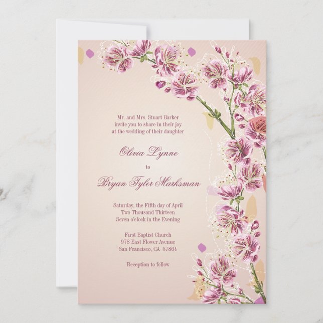 Lilac purple watercolor flowers wedding invitation (Front)