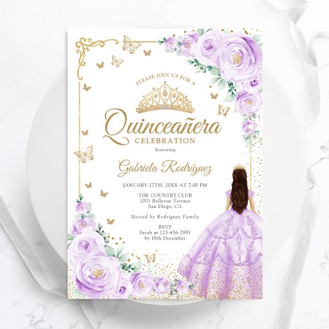 Lilac Purple Watercolor Roses Gold Quinceanera Invitation (Creator Uploaded)
