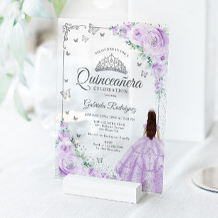 Lilac Purple Watercolor Roses Silver Quinceanera Acrylic Invitations