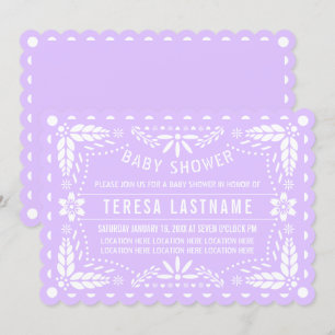 Lilac purple, white papel picado baby girl shower invitation