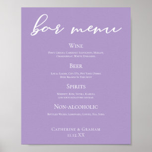 Lilac Purple White Typography Wedding Bar Menu Poster