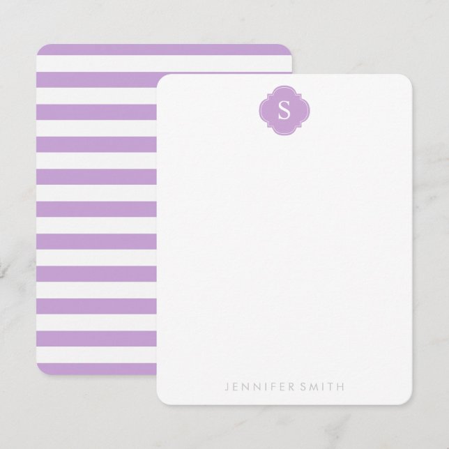 Lilac Quatrefoil Monogram and Stripes Note Cards (Front/Back)
