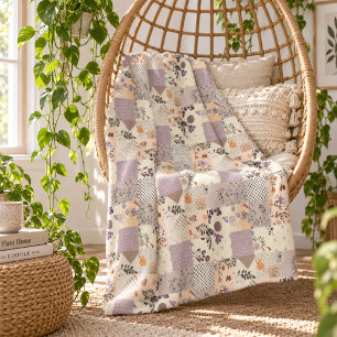 Lilac Quilt Patchwork Gingham Cottagecore Floral Fleece Blanket