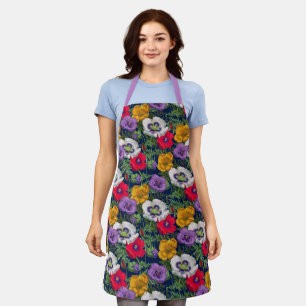 Lilac Red White Yellow Poppies & Green Leaves Apron