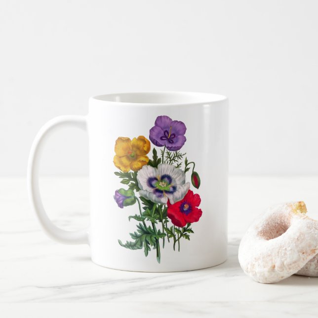 Lilac Red White Yellow Poppies & Green Leaves Coffee Mug (With Donut)