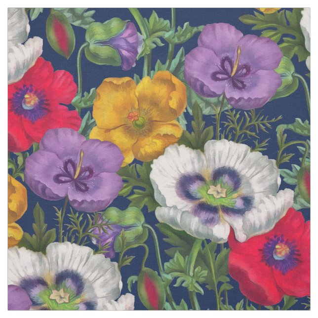 Lilac Red White Yellow Poppies & Green Leaves Fabric (Swatch)