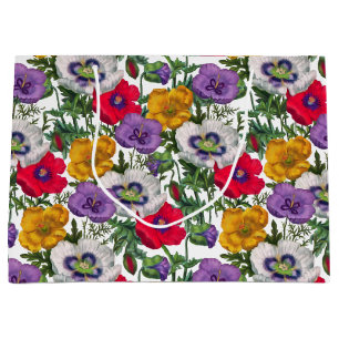 Lilac Red White Yellow Poppies & Green Leaves Large Gift Bag