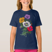 Lilac Red White Yellow Poppies & Green Leaves