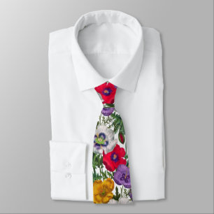 Lilac Red White Yellow Poppies & Green Leaves Tie