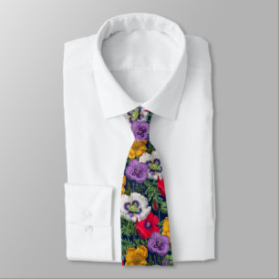 Lilac Red White Yellow Poppies & Green Leaves Tie