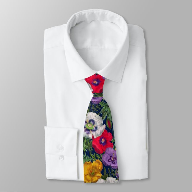 Lilac Red White Yellow Poppies & Green Leaves  Tie (Tied)
