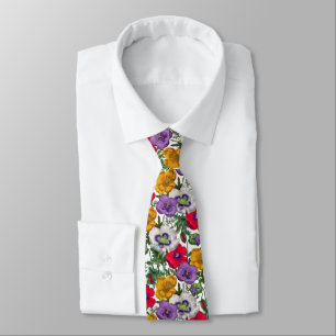 Lilac Red White Yellow Poppies & Green Leaves  Tie