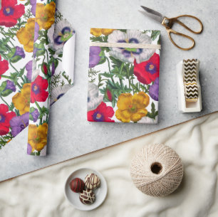 Lilac Red White Yellow Poppies & Green Leaves Wrapping Paper