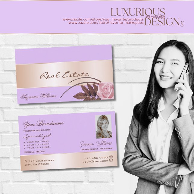 Lilac Rose Gold Decor Gorgeous Flower with Photo Business Card (Creator Uploaded)