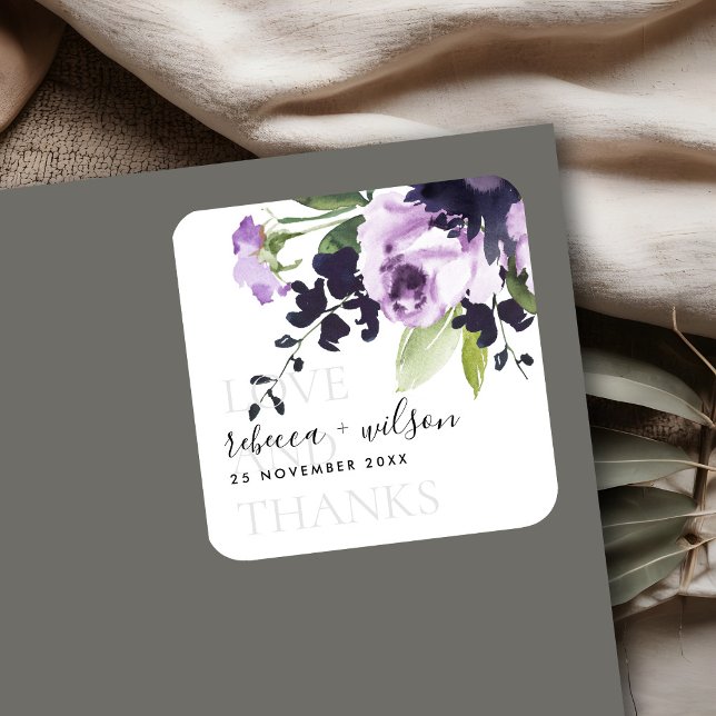 LILAC ROSE PEONY FLORAL LOVE AND THANKS WEDDING SQUARE STICKER (Creator Uploaded)