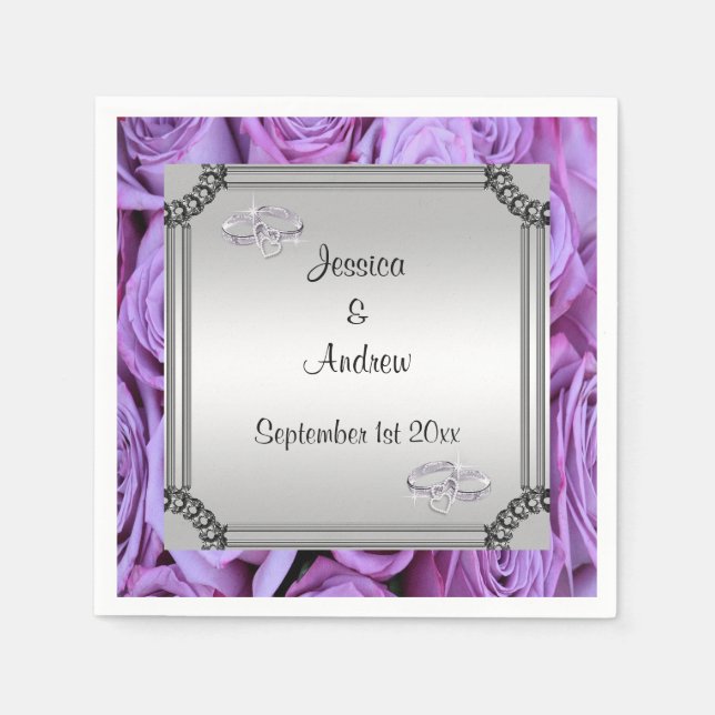 Lilac Roses & Diamond Wedding Rings Napkin (Front)