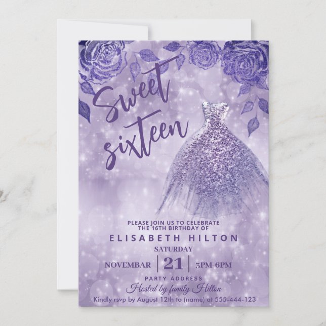 Lilac roses modern Glitter dress sweet sixteen Invitation (Front)