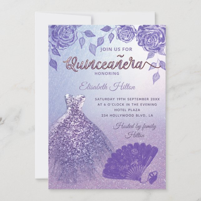 Lilac roses romantic Glitter dress fan Quinceañera Invitation (Front)