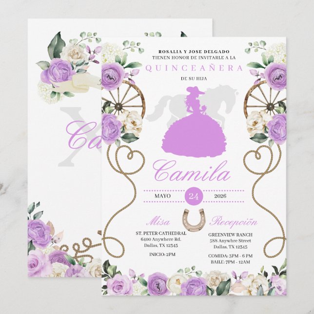 Lilac Roses Western Mariachi Charro Quinceañera Invitation (Front/Back)