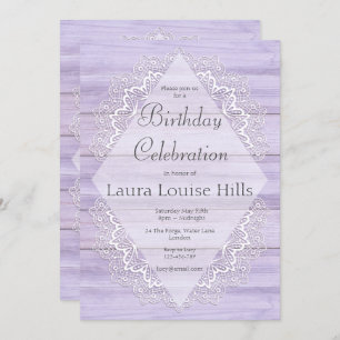 Lilac Rustic Woodgrain and Lace Birthday Invitation