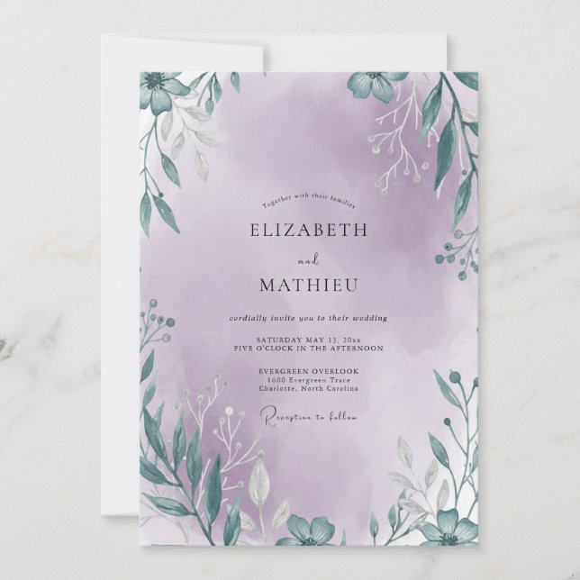 Lilac Seafoam Leafy Wedding Invitation (Front)