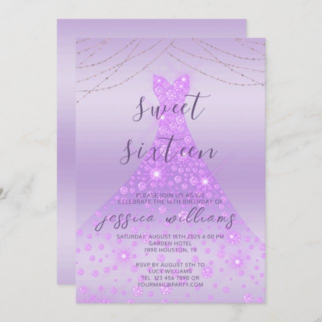 Lilac Sequin Ball Gown & Lights Sweet 16 Birthday Invitation (Front/Back)