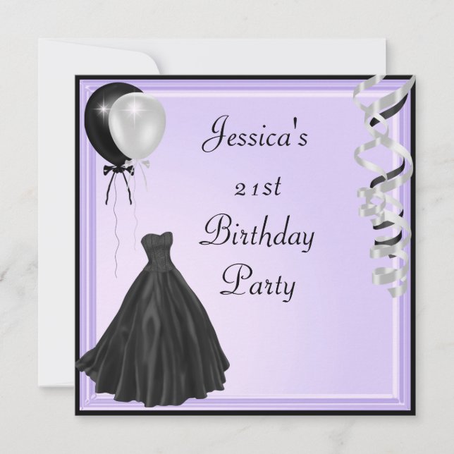Lilac Silver Black Balloons Formal 21st Birthday Invitation (Front)